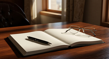 Open notebook with pen and eyeglasses on a wooden desk, soft natural light