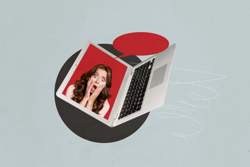 Composite 3d art pop image collage of happy businessman businesswoman stand laptop device...