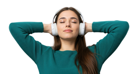 Relaxed woman listening to music with headphones isolated PNG with Transparent Background