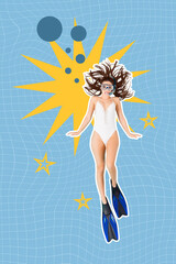 Poster zine image photo art collage of happy sexy girl swim scuba diving wear swimsuit mask...