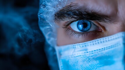 Close-up view of intense blue eye and protective surgical mask against dark background with dramatic lighting and smoke effects, conveying healthcare and safety concept.
