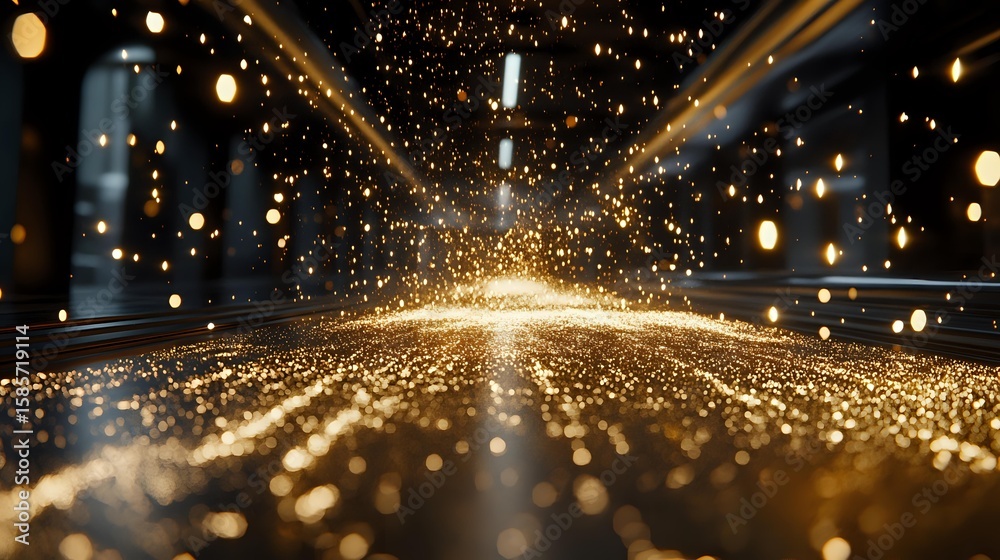 Poster glowing golden particles and light rays create magical atmosphere with bokeh effect and sparkles on 