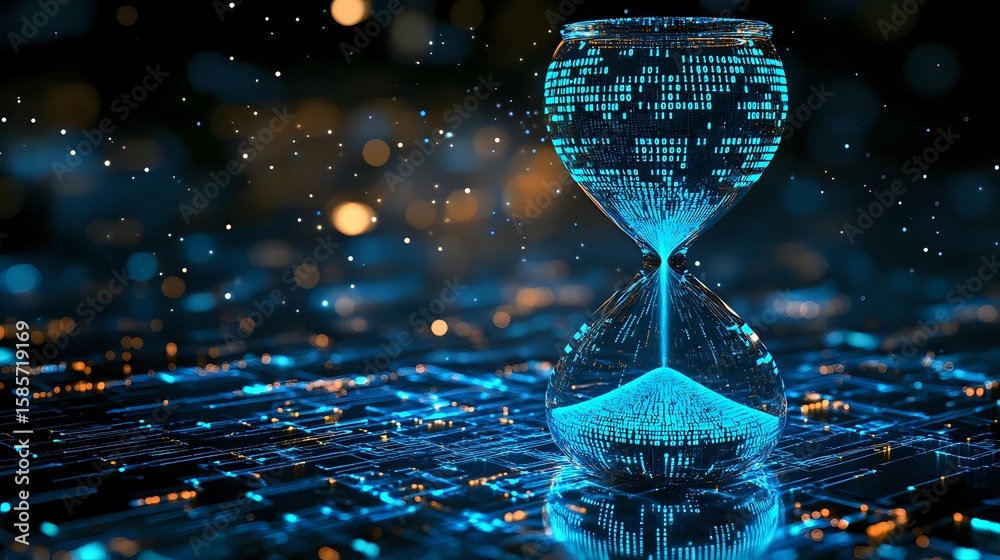 Poster digital hourglass with glowing blue binary code pattern on dark reflective surface with bokeh lights