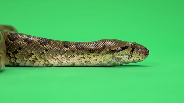 Reticulated Python Close-Up: Flicking Tongue on Green Screen Background