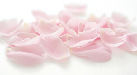 Obraz premium Pastel pink petals scattered across a white surface, floral and feminine