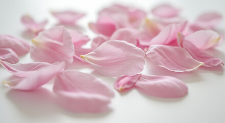 Pastel pink petals scattered across a white surface, floral and feminine