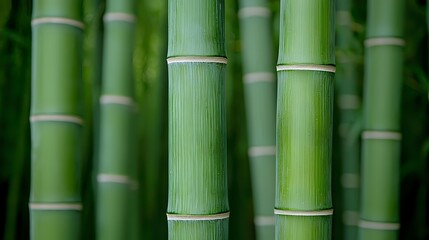 Fototapeta premium Fresh green bamboo stalks in close-up view showing natural nodes and segments pattern. Zen garden atmosphere for wellness, spa and meditation concepts.