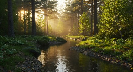 Obraz premium Sunlight Streams Through Forest Trees Reflecting on Serene Creek Waters