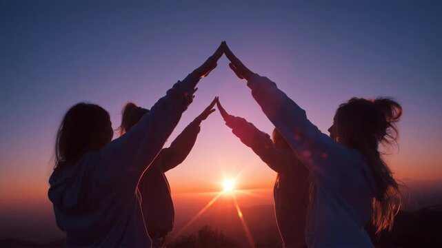 三人が夕焼けを背景に手を重ねるシルエット