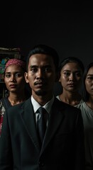 A Powerful Portrait: Four Individuals United, Strength in Diversity, Asian Culture, Dark Background