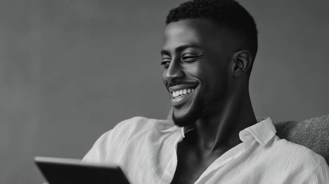 A young man in a comfortable pose using his laptop, conveying a sense of ease and satisfaction with digital tasks.