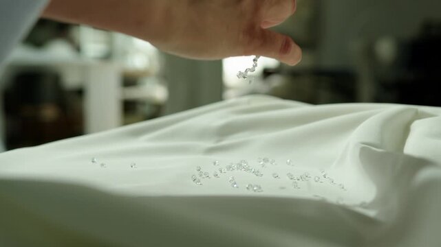 A seamstress&rsquo;s hand scatters crystal beads onto white fabric for wedding dress production