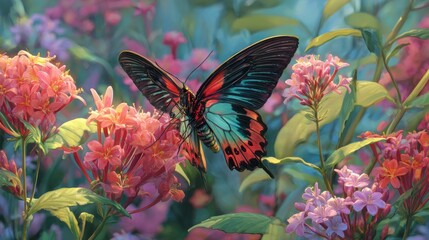 Vibrant butterfly with wide wings perched amid colorful flowers and lush greenery