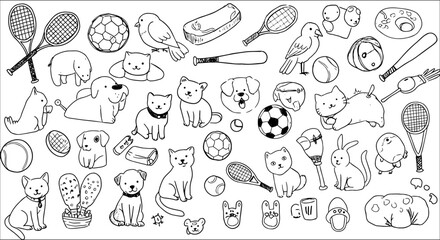 Hand-drawn collection of cute cartoon animals like dogs, cats, elephants, and birds, along with various sports equipment such as tennis rackets, soccer balls, and baseball gear.