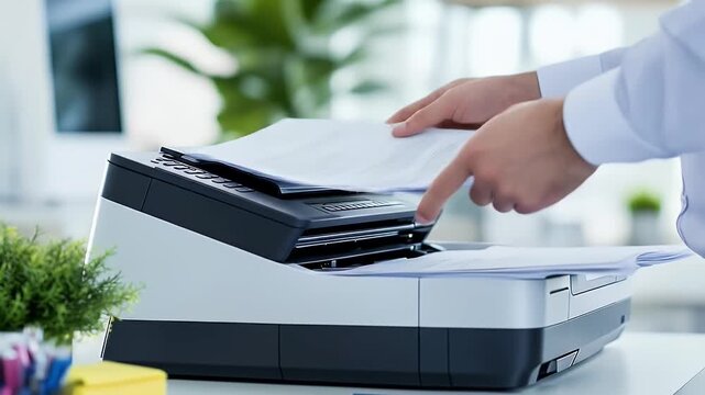 Hands loading paper into a printer, plant and pens in the foreground, blurred background