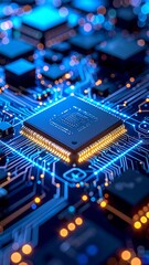 Close-up of a circuit board with a central processor chip, highlighted by glowing blue and amber lights.  Complex circuitry patterns are visible