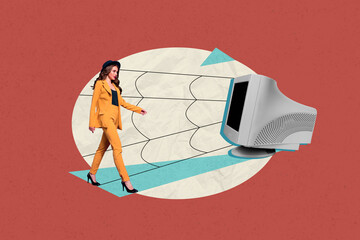 Banner trend collage of person walk in web net from old fashioned computer on pastel background