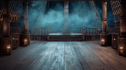 Fototapeta premium High-quality photo of high-quality photo of empty pirate ship deck background for theater stage scene.