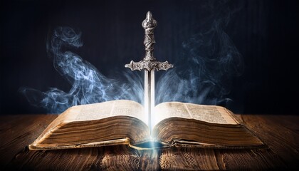 glowing sword piercing open ancient book on wooden table with smoke