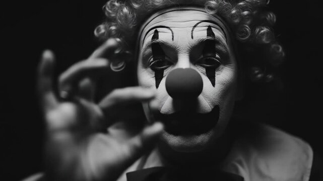 Sad mime in black and white, depicts a sorrowful clown in silence. Suitable for theater posters, emotional articles, and storytelling visuals.