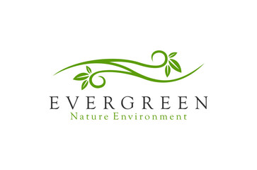 Green logo design, featuring leaves and a flowing line, representing nature and environment. Vector illustration.