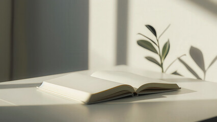 Minimalist photo of blank open book with sunlight streaming across pages