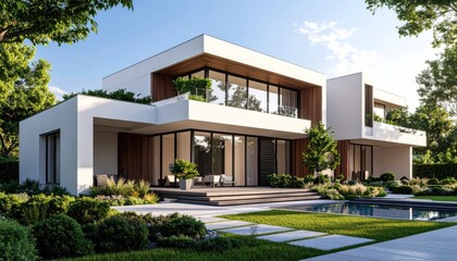 Fototapeta premium A luxurious modern Florida estate with striking architecture, a verdant lawn, and a beautiful garden under a vast sky