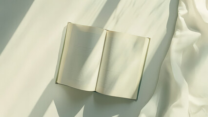 Minimalist photo of blank open book with sunlight streaming across pages