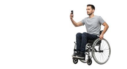 Man in a wheelchair taking a selfie with his mobile phone isolated PNG with Transparent Background