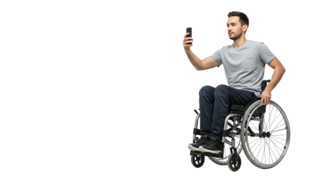 Man in a wheelchair taking a selfie with his mobile phone isolated PNG with Transparent Background
