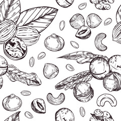 Seamless vector pattern. Walnuts, hazelnuts, macadamias, peanuts, cashews, leaves. All objects are hand-drawn in vector. The illustration is suitable for printing on paper, fabric, food packaging. 