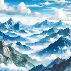 Mountain background showing towering blue-gray mountain peaks with a light fog covering the valley. The atmosphere is peaceful and natural. Suitable for use as a fabric pattern, wallpaper. Type 1