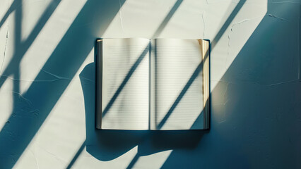 Minimalist photo of blank open book with sunlight streaming across pages