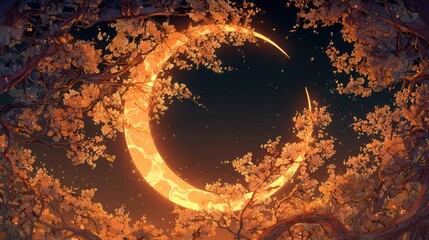 Glowing crescent moon framed by flowering tree branches against a dark twilight sky