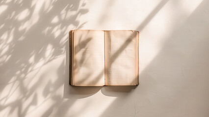 Minimalist photo of blank open book with sunlight streaming across pages