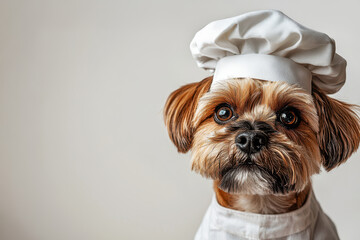 Dog disguised as a chef on a gray background with copy space
