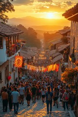 an Inti Raymi procession on cobblestone streets, participants carrying banners and symbols of the sun