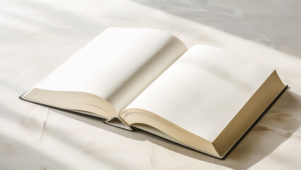Minimalist photo of blank open book with sunlight streaming across pages