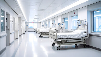 Modern Hospital Corridor with Rows of Empty Hospital Beds