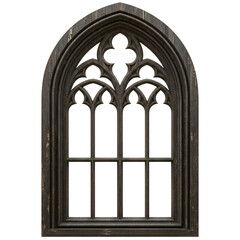 Ornate gothic wooden window frame with tracery isolated on transparent background