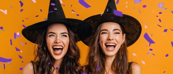 Obraz premium The joyous celebration of friends wearing witch hats with colorful confetti.