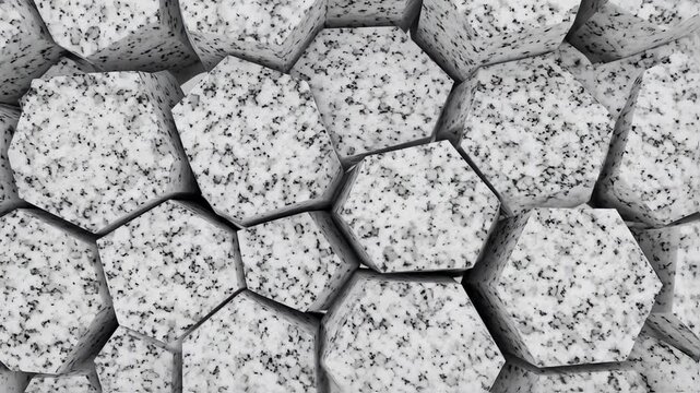 Abstract 3D geometric pattern of hexagonal, white and grey stone blocks
