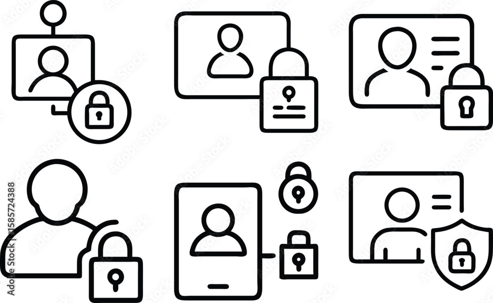 Poster security and privacy icons representing user protection and data encryption in simple minimalist des