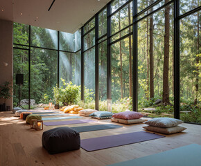 Serene yoga retreat in a forest setting with natural light and colorful cushions