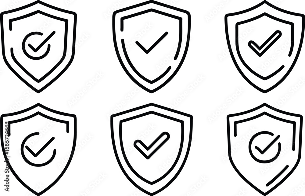 Poster collection of shield icons representing security verification and approval in simple outlines