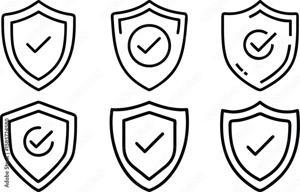 Poster set of shield icons with check marks representing security and validation in black and white