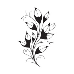 An elegant black and white illustration of a stylized floral branch with swirling vines and detailed leaves, symbolizing natures beauty and growth