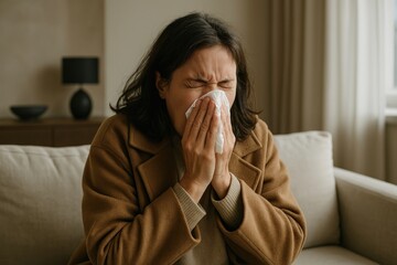 Woman sneezing on couch indoors.