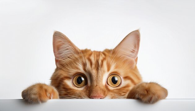 ginger cat peeking curiously over a white surface against a clean white background with lots of copy space