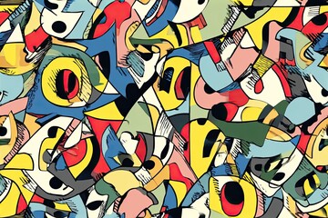 Fabric texture seamless pattern background Deconstructed Cartoon Chaos Classic cartoon characters fragmented into abstract shapes and colors